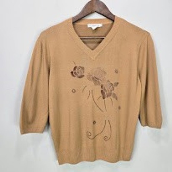 Vtg 90s Y2K Knit Top M Beige Floral Velvet Burnout Preppy Academia Office Fall - Picture 1 of 9